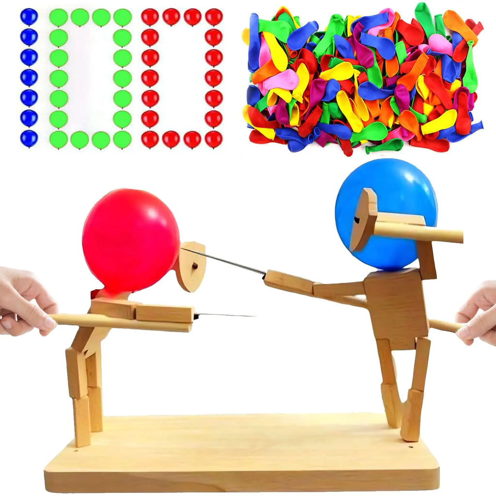 DCKENGO Wooden Fencing Puppets Balloon Man Battle Handmade Wooden Fencing Puppets Hand Puppets Balloon Bamboo Man Battle Suitable for Family Party Friends Gathering Game (with 100 Balloons)